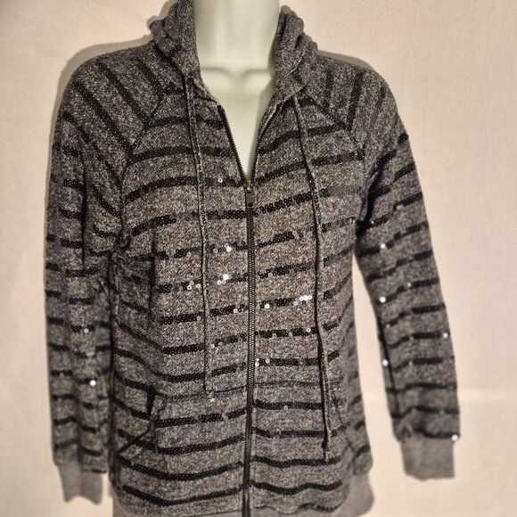 FOREVER 21 zippered Hoodie, Black and gray w/ silver sequins in size small - Picture 13 of 16